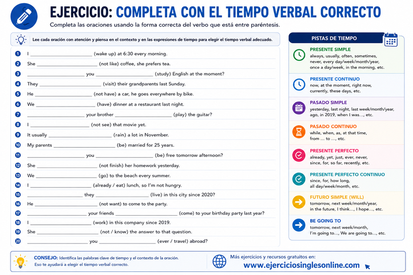 Tiempos verbales mezclados en inglés - Ejercicio 1 - Ficha para imprimir