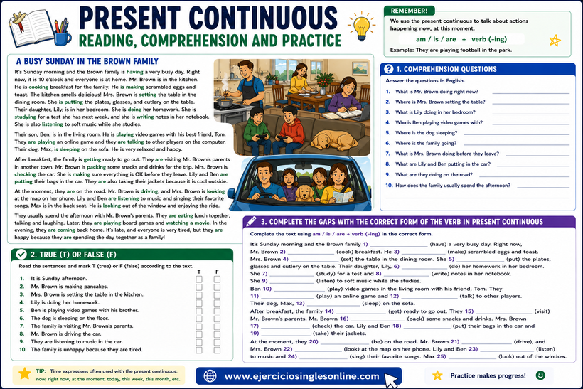 Presente continuo en inglés - Reading + Ejercicio - Ficha para imprimir