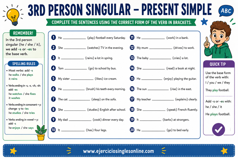 Presente simple en inglés - 3º persona del singular - Ficha para imprimir