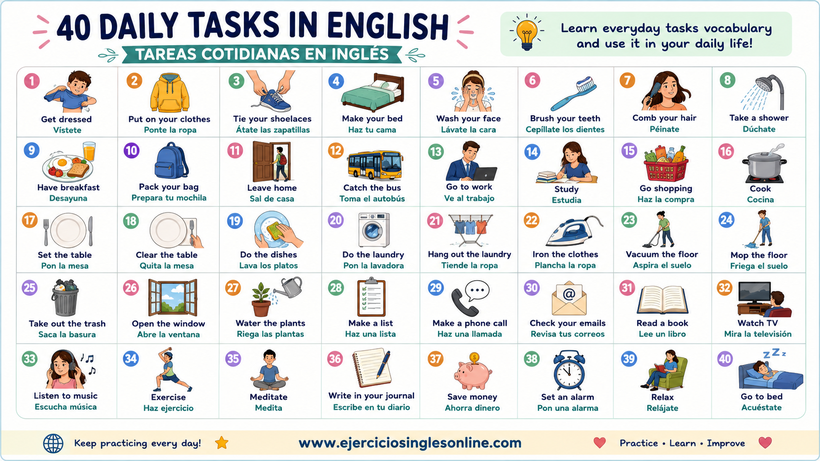 Tareas cotidianas en inglés - Vocabulario - Ficha para imprimir