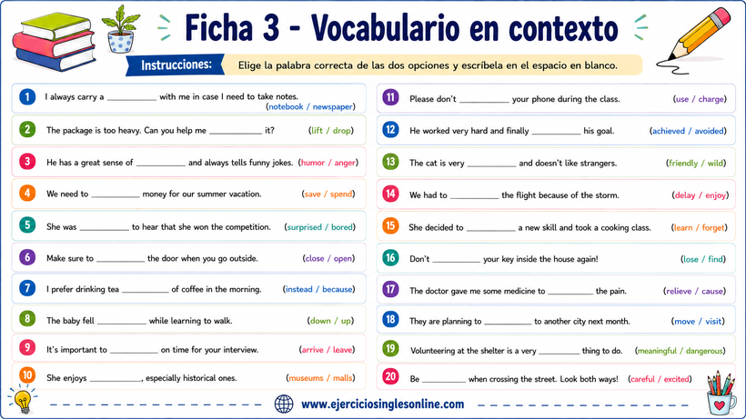 Ficha 3 vocabulario en inglés - Ficha para imprimir