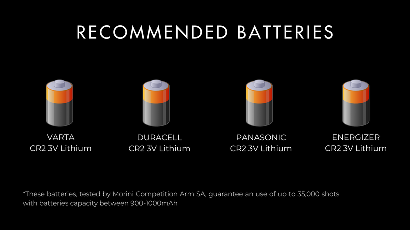 Recommended batteries for CM162EI air pistol: Varta CR2 3V Lithium, Duracell CR2 3V Lithium, Panasonic CR2 3V Lithium, Energizer CR2 3V Lithium, tested by Morini Competition Arm for up to 35,000 shots