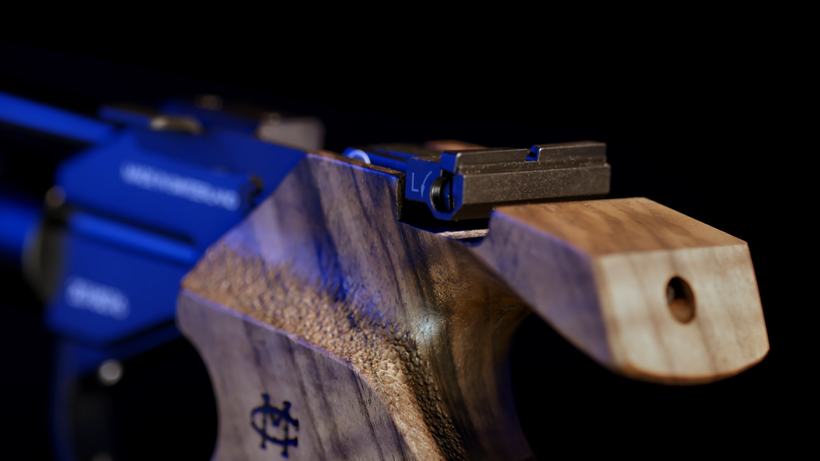 Rear sight of Morini CM162EI air pistol with vertical and horizontal adjustment, adjustable rear sight notch, and special mount available as accessory for extra customisation