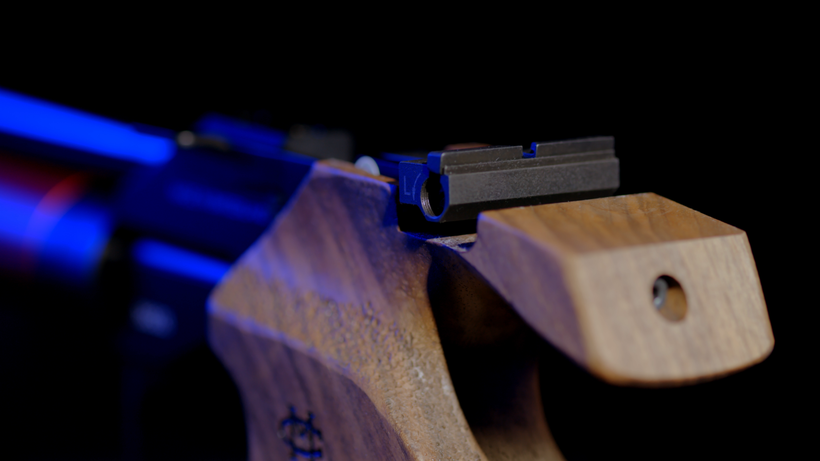Rear sight of Morini CM162EI air pistol with vertical and horizontal adjustment, adjustable rear sight notch, and special mount available as accessory for extra customization