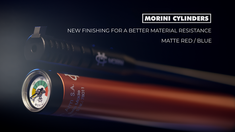 Red compressed air cylinder for Morini CM162EI air pistol, representing Ticino, Switzerland, featuring shot peening process for improved surface finish and fatigue resistance, matte red or matte blue color