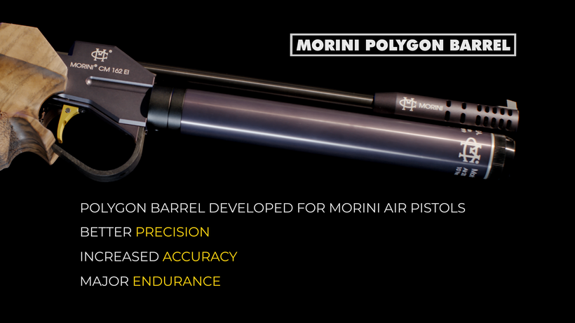 Polygonal barrel of Morini CM162EI air pistol, developed with Lothar Walther, 6 dx 450 mm, provides better bullet grip and guidance, increased accuracy, better precision, major endurance, and easier to clean