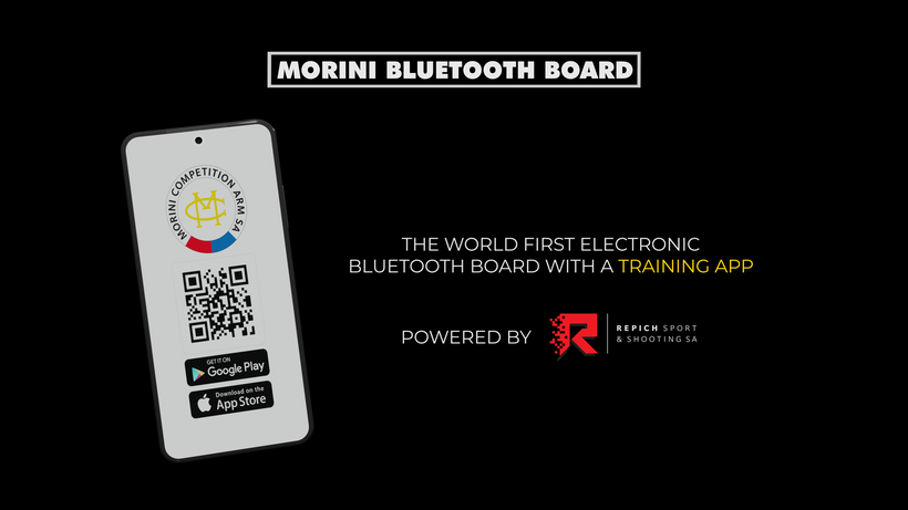 Morini Competition Arm SA smartphone application for shooting sports training with Bluetooth Electronic Board, available for Android and Apple, improves training sessions stability and accuracy