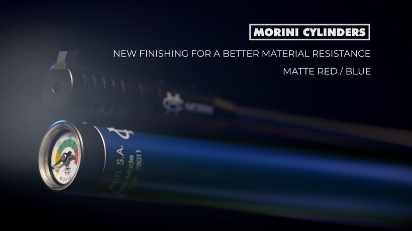 Red compressed air cylinder for Morini CM162EI air pistol, representing Ticino, Switzerland, featuring shot peening process for improved surface finish and fatigue resistance, matte red color