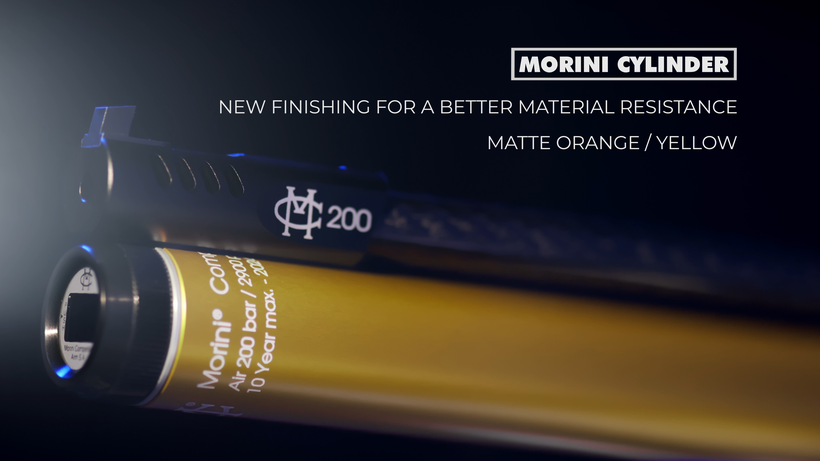 Morini CM200EI air pistol cylinder with shot peening process, available in Matte Orange and Yellow, improves surface finish and fatigue resistance
