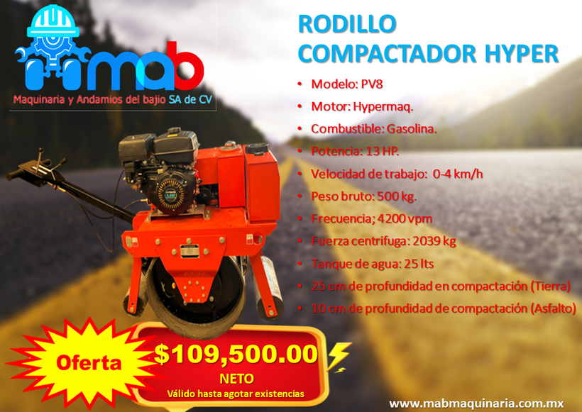 Promoción venta de rodillo compactador HYPERMAQ PV8 en Queretaro