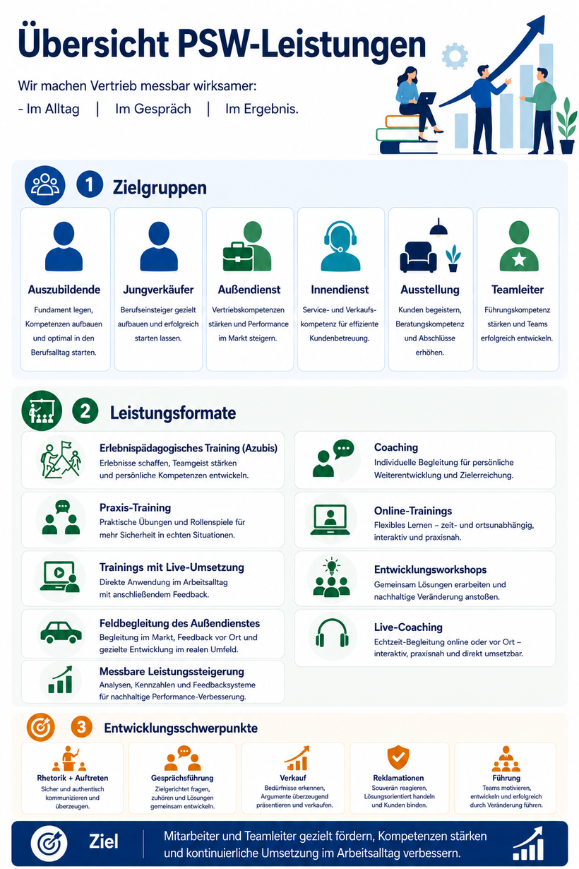 Übersicht der PSW-Leistungen mit Zielgruppen, Entwicklungsformaten und Themen in Vertrieb und Führung