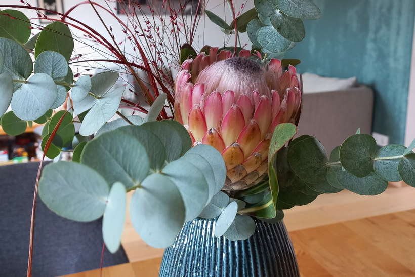 Ein Blumengesteck in einer grünen Vase steht auf einem Tisch, im Hintergrund sind ein Sofa und eine grüne Wand erkennbar.