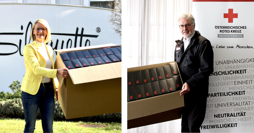 evil eye Brand Director Susanna Kumpfmüller von Silhouette International übergab kontaktlos einen Teil der Brillenspende an Dr. Aichinger Walter, Präsident des Oberösterreichischen Roten Kreuzes. (Foto: OÖKR/Affenzeller)
