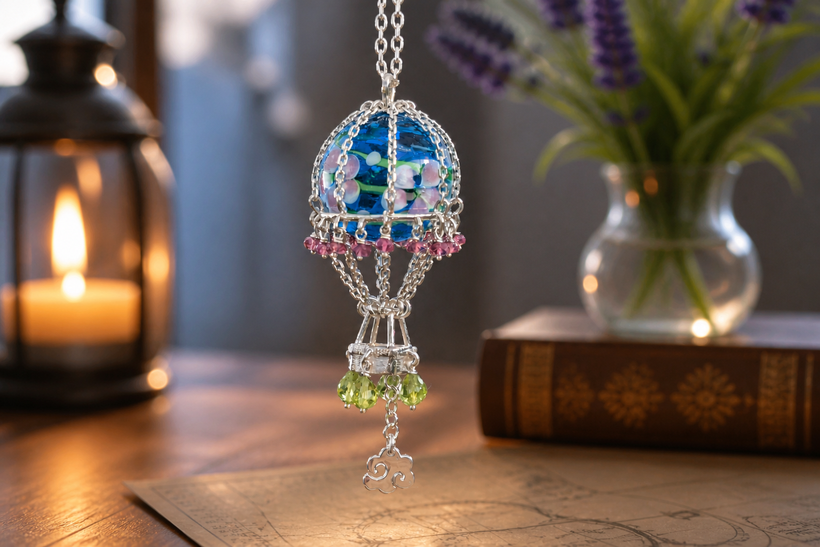 Ciondolo mongolfiera in argento 925 con biglia da collezione azzurra, tormaline rosa e peridoti, completo di catena lunga 75 cm