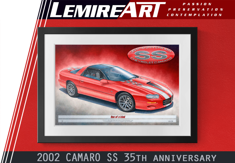 The 2002 Camaro SS 35th Anniversary drawn portrait by Alain Lemire