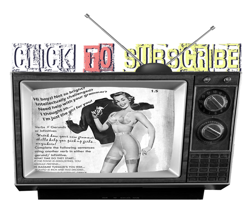 Graphic of old British tv set with a 1950s woman