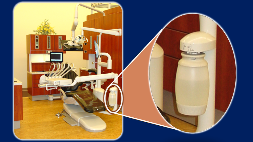 アメリカのエーディック社せ撮影したユニットのシステム。ボトルシステムは患者さんの目につきやすい場所にアピールとして設置されています