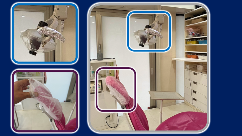 ライトハンドル、スイッチにカバがかけられます。ヘッドレストのカバーは患者さんごとに交換。