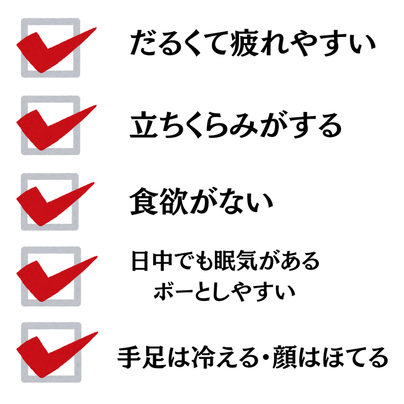 だるくて疲れやすい・立ちくらみがする・食欲がない・日中でも眠気があるボーっとしやすい・手足は冷える・顔はほてる