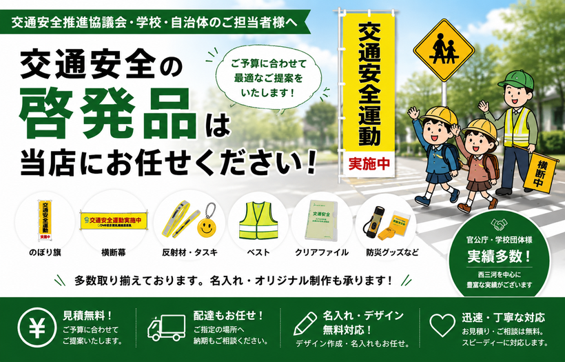 交通安全啓発品を学校・自治体・官公庁向けに予算に合わせて提案。名入れ・デザイン無料、短納期・配達対応、豊富な納入実績を紹介。