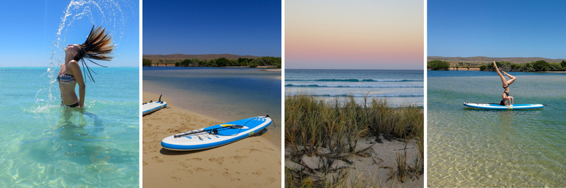 Bilder-Collage-Sandy-Bay-SUP-Tour-Yardie-Creek-Wobiri-Beach-Kopfstand-Yoga