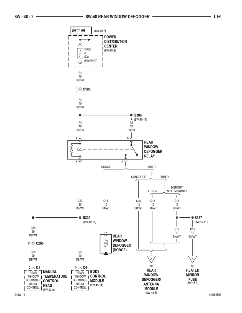 300M, CONCORDE, INTERPID, LHS Rear Window Defogger Schematics