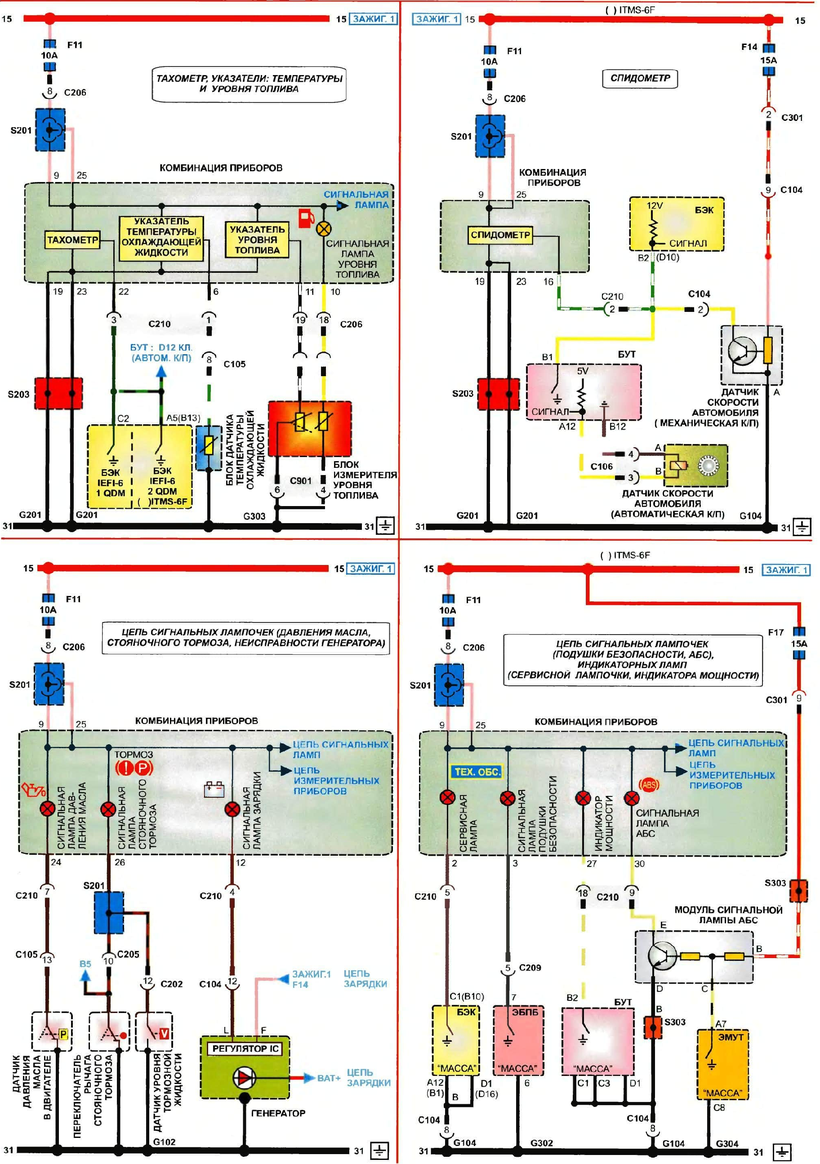 DAEWOO Lanos Wiring Diagrams of Instrument combinations: tachometer, temperature and oil level indicators, speedometer, chain of warning lights (oil pressure, parking brake, generator malfunction, airbag), indicator lights (service light, power indicator)