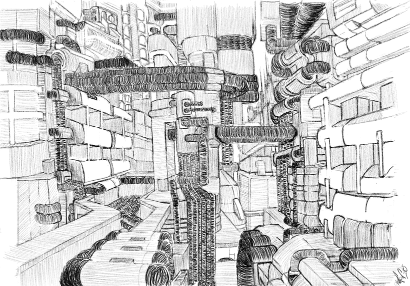 Digitale Illustration einer urbanen SciFi-Struktur mit Rohren, Leitungen und Blockarchitektur. Erschaffen auf dem iPad von Kar-On Shing im Stil einer futuristischen Stadtlandschaft.