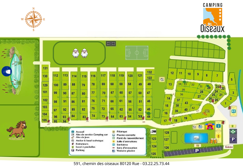 Plan camping des Oiseaux à rue 80120 Baie de Somme Picardie Piscine Crotoy Marquenterre
