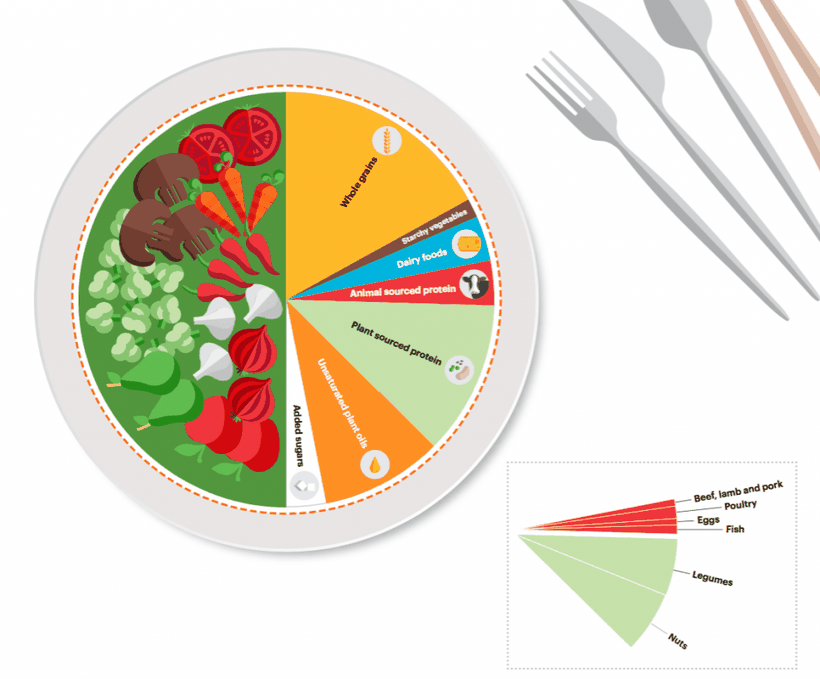 Grafik: Planetary health diet. Der Speiseplan für eine gesunde und nachhaltige Ernährung besteht größtenteils aus Obst und Gemüse, Vollkornprodukten, Hülsenfrüchten und ungesättigten Fetten (EAT-Lancet Commission, 2019)