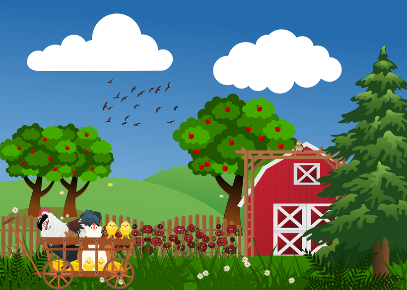 Vektorgrafik Lachshuhn Familie im Frühling im Bollerwagen im Bauerngarten vor einer roten Scheune