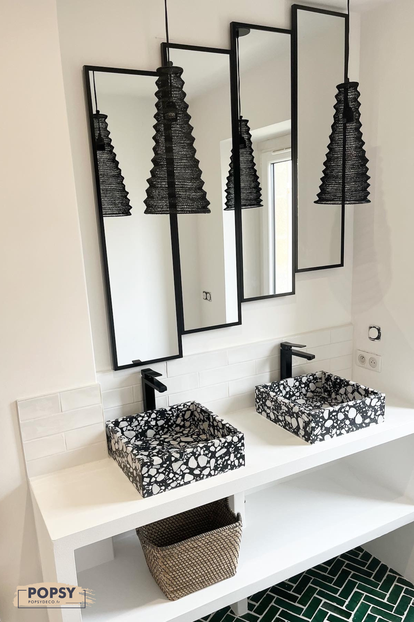 salle de bain terrazzo éclat noir blanc meuble double vasque béton ciré architecte d'intérieur bordeaux popsy déco