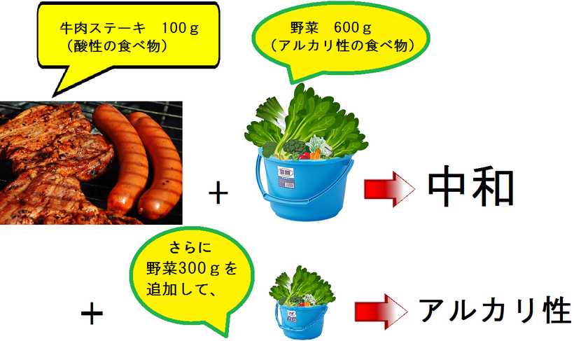 牛肉ステーキを100g食べたら、野菜を900g食べないとアルカリ体質に戻れない。