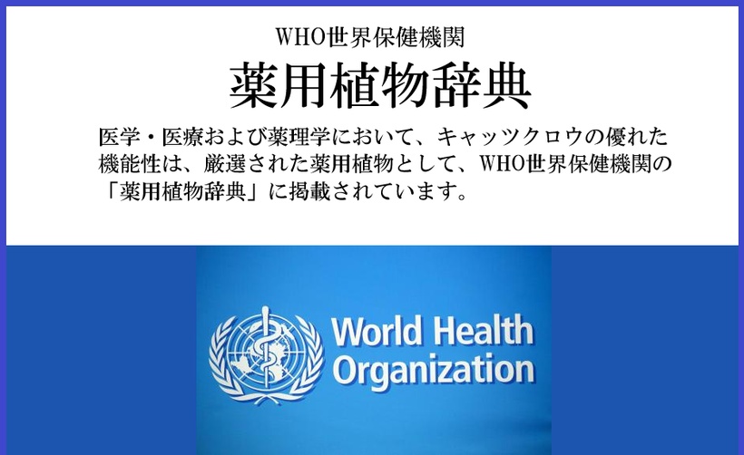 キャツツクロウは、WHO世界保健機関の薬用植物辞典に掲載されています。