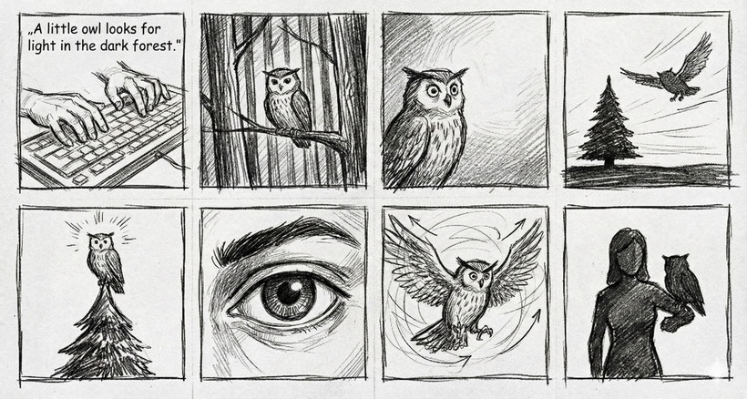 gezeichnetes Storyboard mit Kauz, Weihnachtsbaum und Mensch.