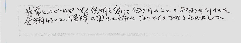 非常にわかりやすく説明を受けて白アリのことがよくわかりました。金額的にも保証の面でも十分に納得のできるものでした。