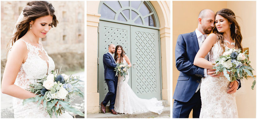 Collage Hochzeitsreportage Koblenz  Brautpaar mit Eukalyptusbrautstrauß