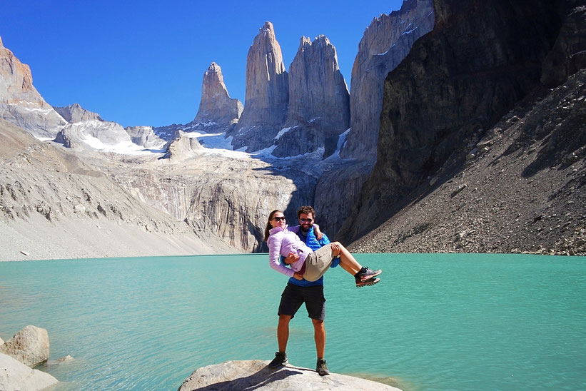 Max carrying Laura in front of Torres del Paine