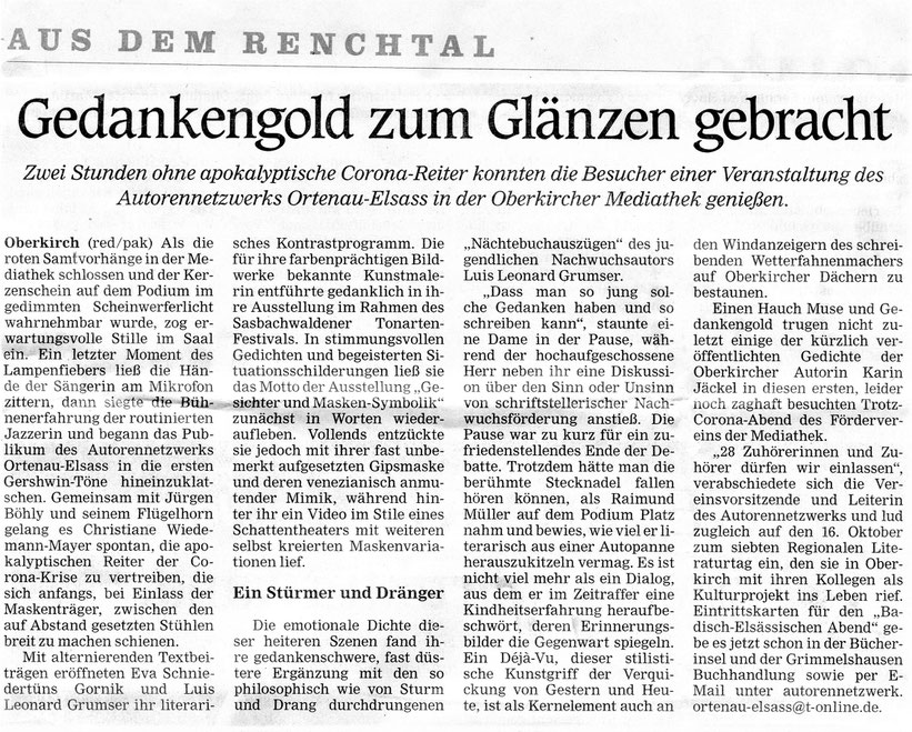 Mittelbadische Presse ARZ Oberkirch am 6.10.2020