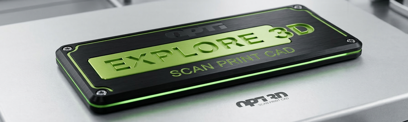 Modernes, metallisches Button-Design für opti3D mit der Aufschrift ‚Explore 3D‘ und den Schlagworten ‚Scan Print CAD‘ in Schwarz und Neongrün