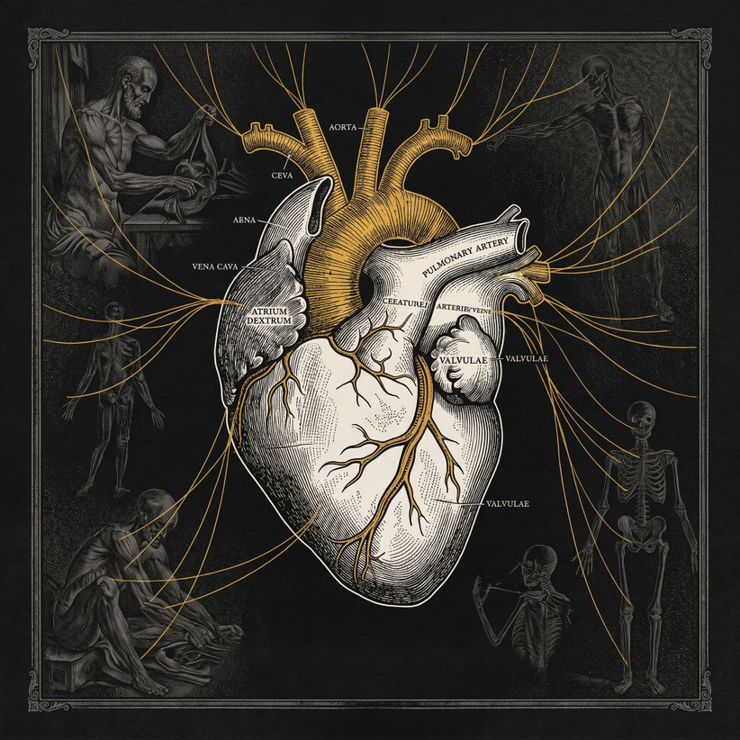 Illustrazione anatomica cuore con fili dorati