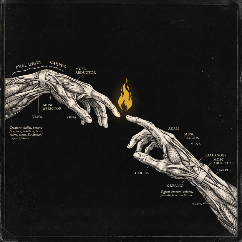 Illustrazione anatomica mani con fiamma