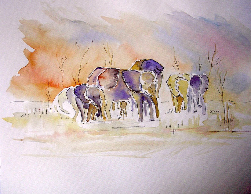 Nr. 41 / WALTRAUD MUTH / "Elefanten", Aquarell auf Papier, 50x40cm, 120,-€