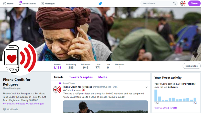 Phone Credit for Refugees and Displaced People - twitter - social media community