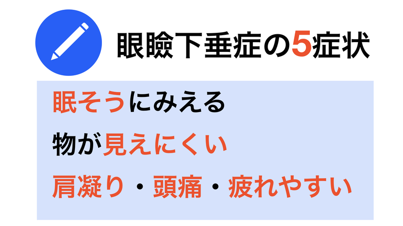 眼瞼下垂症の５症状：眠そうにみえる、物が見えにくい、肩凝り、頭痛、疲れやすい。