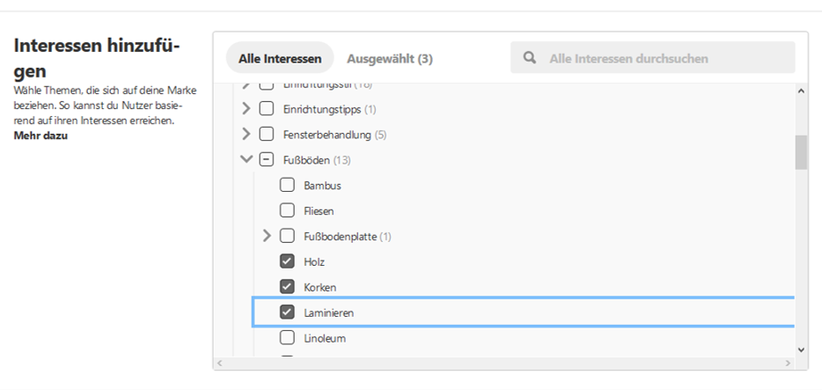 Targeting für Pinterest Ads: Auswahl der Interessen im Zusammenhang mit Einrichtungsideen