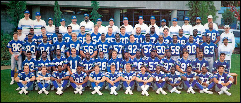 Thom Kaumeyer (far right second row from front) with the 1989 Seattle Seahawks