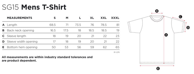 Maße Größen Size MensT-Shirt  SG15