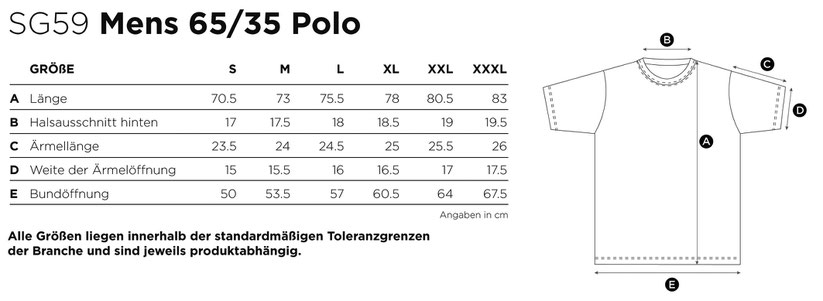 Maße Größen Size Mens Poly Cotton Polo 65/35 SG59