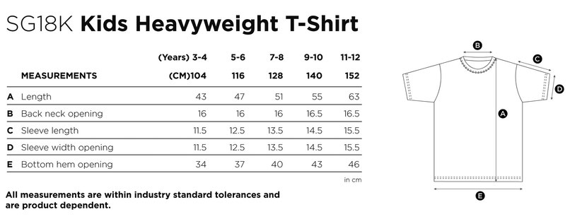 Maße Größen Size SG18K Kids Heavyweight T-Shirt